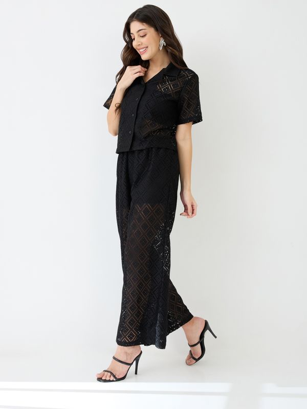 Black Crochet Co-Ord Set with Notched Lapel Short-Sleeve Shirt & Wide-Leg Trousers – Elegant Resort & Brunch Ensemble