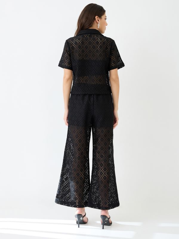 Black Crochet Co-Ord Set with Notched Lapel Short-Sleeve Shirt & Wide-Leg Trousers – Elegant Resort & Brunch Ensemble