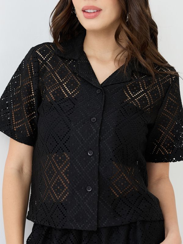 Black Crochet Co-Ord Set with Notched Lapel Short-Sleeve Shirt & Wide-Leg Trousers – Elegant Resort & Brunch Ensemble