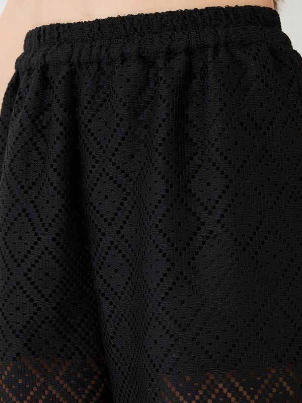 Black Crochet Co-Ord Set with Notched Lapel Short-Sleeve Shirt & Wide-Leg Trousers – Elegant Resort & Brunch Ensemble