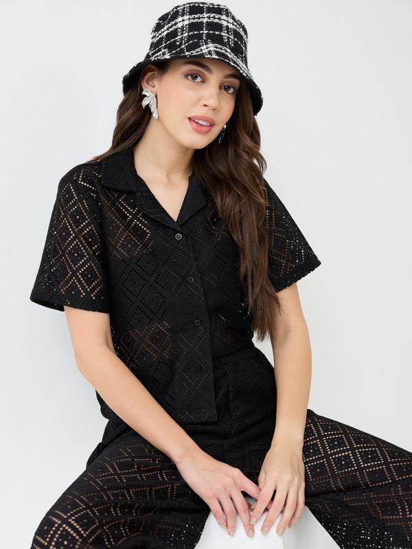 Black Crochet Co-Ord Set with Notched Lapel Short-Sleeve Shirt & Wide-Leg Trousers – Elegant Resort & Brunch Ensemble