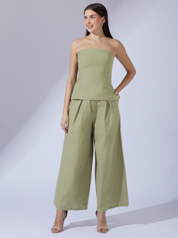 Olive Green Off-Shoulder Smocked Co-Ord Set with Crop Top & Wide-Leg Trousers – Trendy Vacation & Brunch Ensemble