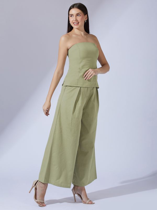 Olive Green Off-Shoulder Smocked Co-Ord Set with Crop Top & Wide-Leg Trousers – Trendy Vacation & Brunch Ensemble