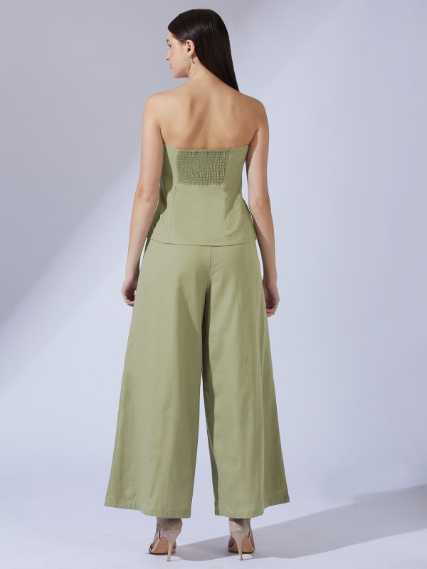 Olive Green Off-Shoulder Smocked Co-Ord Set with Crop Top & Wide-Leg Trousers – Trendy Vacation & Brunch Ensemble