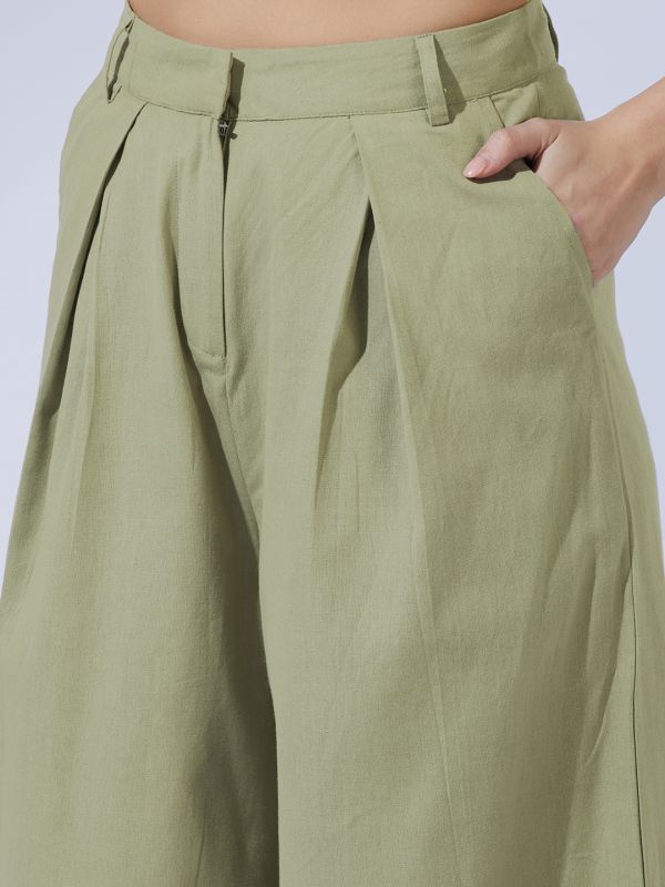 Olive Green Off-Shoulder Smocked Co-Ord Set with Crop Top & Wide-Leg Trousers – Trendy Vacation & Brunch Ensemble