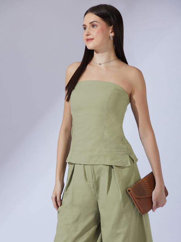 Olive Green Off-Shoulder Smocked Co-Ord Set with Crop Top & Wide-Leg Trousers – Trendy Vacation & Brunch Ensemble