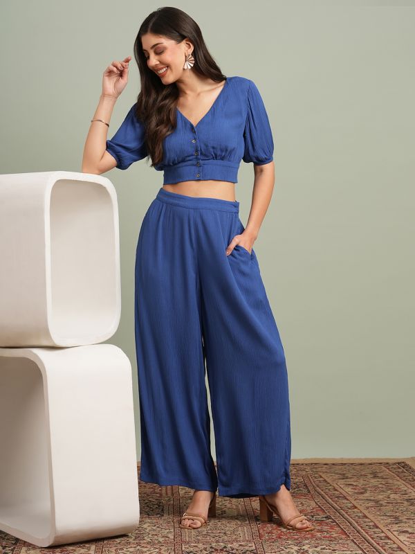 Blue Self-Design Co-Ord Set with V-Neck Buttoned Crop Top & Wide-Leg Trousers – Chic Contemporary Work & Casual Ensemble