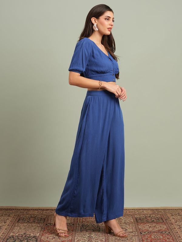 Blue Self-Design Co-Ord Set with V-Neck Buttoned Crop Top & Wide-Leg Trousers – Chic Contemporary Work & Casual Ensemble
