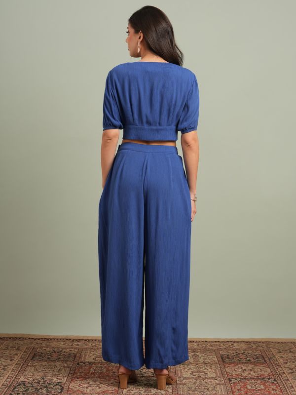 Blue Self-Design Co-Ord Set with V-Neck Buttoned Crop Top & Wide-Leg Trousers – Chic Contemporary Work & Casual Ensemble