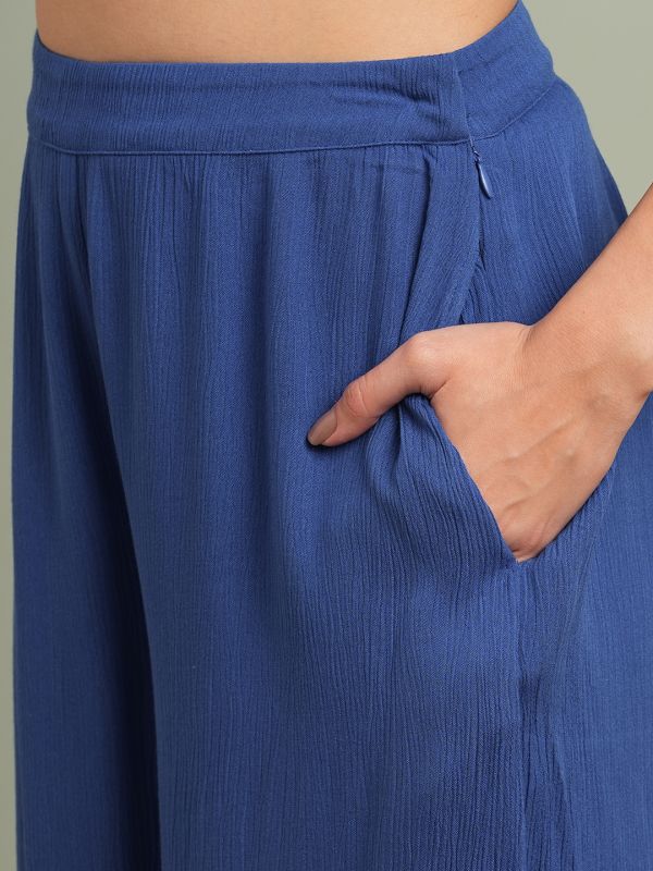 Blue Self-Design Co-Ord Set with V-Neck Buttoned Crop Top & Wide-Leg Trousers – Chic Contemporary Work & Casual Ensemble