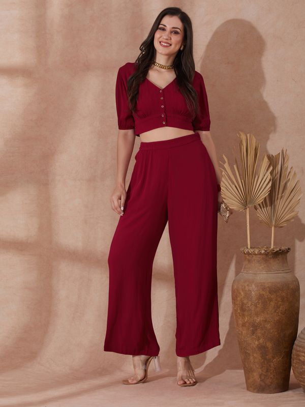 Pink Self-Design Co-Ord Set with V-Neck Buttoned Crop Top & Wide-Leg Trousers – Elegant Modern Work & Brunch Ensemble