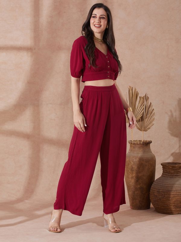 Pink Self-Design Co-Ord Set with V-Neck Buttoned Crop Top & Wide-Leg Trousers – Elegant Modern Work & Brunch Ensemble