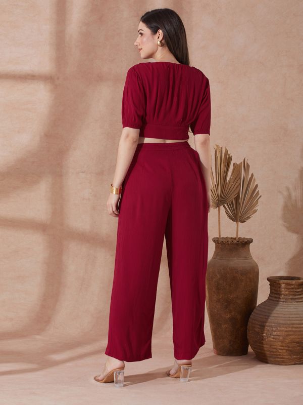 Pink Self-Design Co-Ord Set with V-Neck Buttoned Crop Top & Wide-Leg Trousers – Elegant Modern Work & Brunch Ensemble