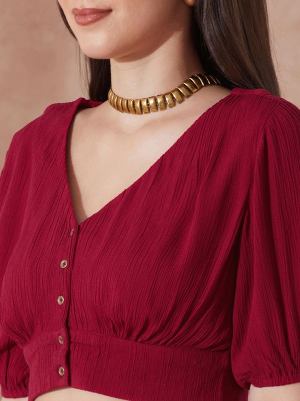 Pink Self-Design Co-Ord Set with V-Neck Buttoned Crop Top & Wide-Leg Trousers – Elegant Modern Work & Brunch Ensemble