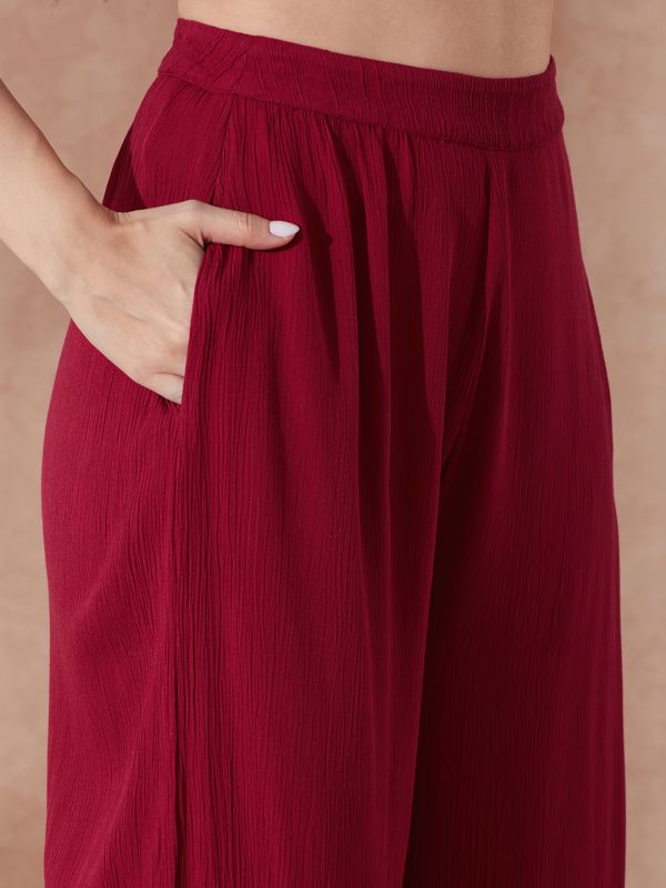 Pink Self-Design Co-Ord Set with V-Neck Buttoned Crop Top & Wide-Leg Trousers – Elegant Modern Work & Brunch Ensemble