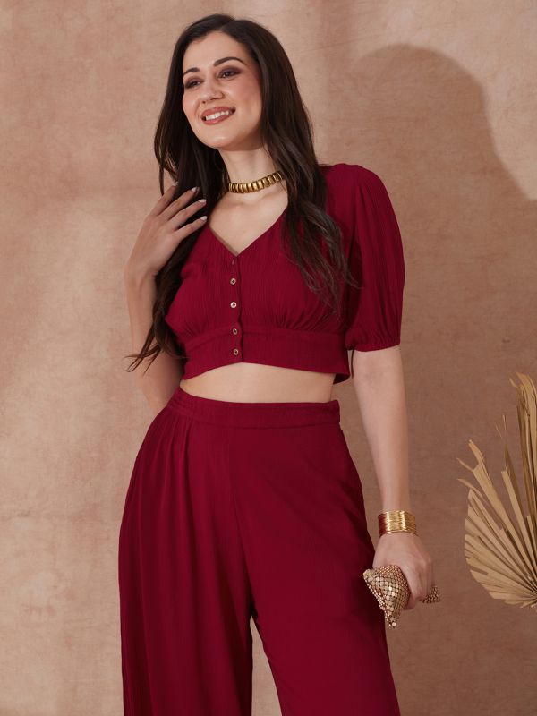 Pink Self-Design Co-Ord Set with V-Neck Buttoned Crop Top & Wide-Leg Trousers – Elegant Modern Work & Brunch Ensemble