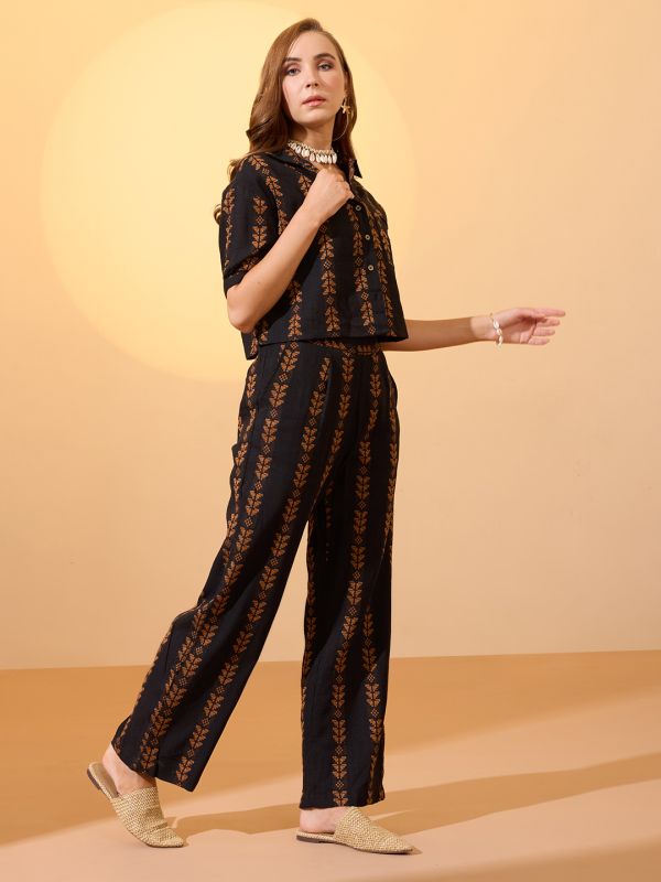 Brown Self-Design Resort Co-Ord Set with Collared Crop Shirt & Wide-Leg Trousers – Effortless Vacation & Brunch Look