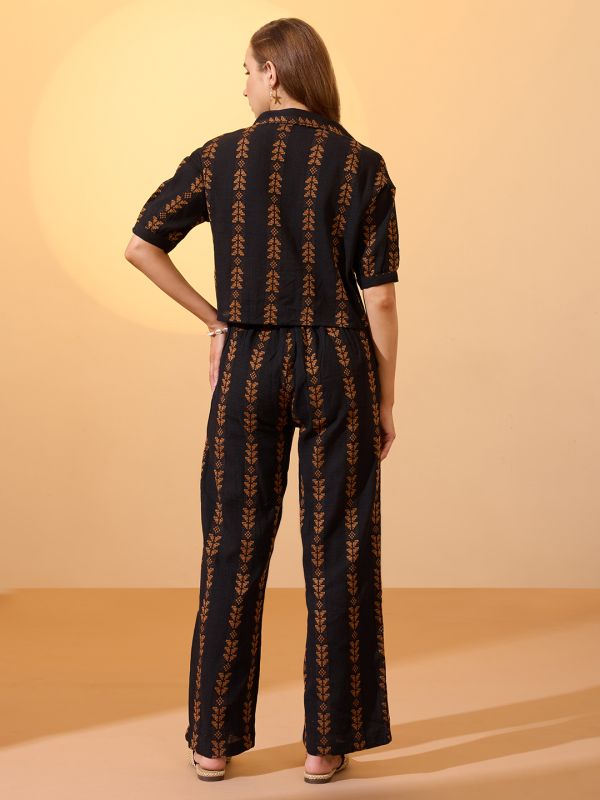 Brown Self-Design Resort Co-Ord Set with Collared Crop Shirt & Wide-Leg Trousers – Effortless Vacation & Brunch Look