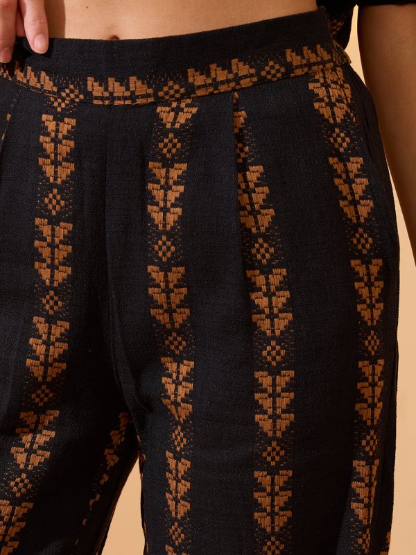 Brown Self-Design Resort Co-Ord Set with Collared Crop Shirt & Wide-Leg Trousers – Effortless Vacation & Brunch Look