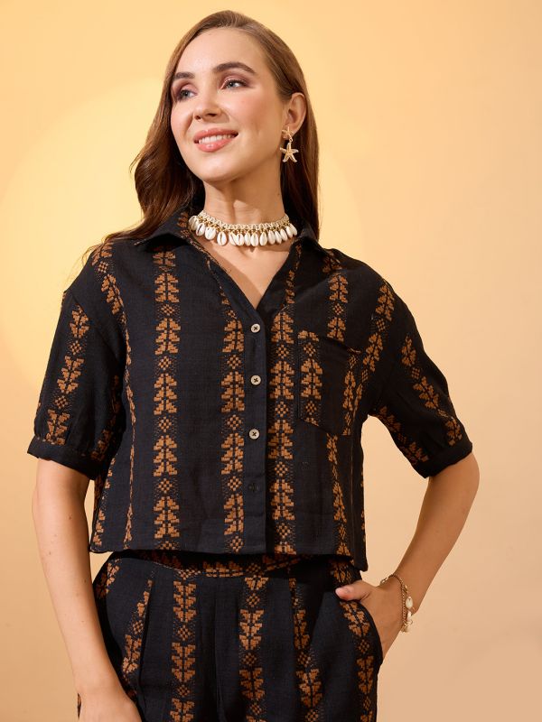 Brown Self-Design Resort Co-Ord Set with Collared Crop Shirt & Wide-Leg Trousers – Effortless Vacation & Brunch Look