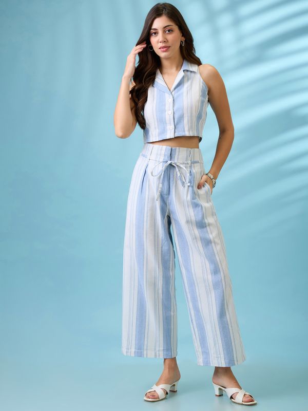 Blue Striped Co-Ord Set with Notched Lapel Crop Shirt & Wide-Leg Trousers – Effortless Smart-Casual Resort Look