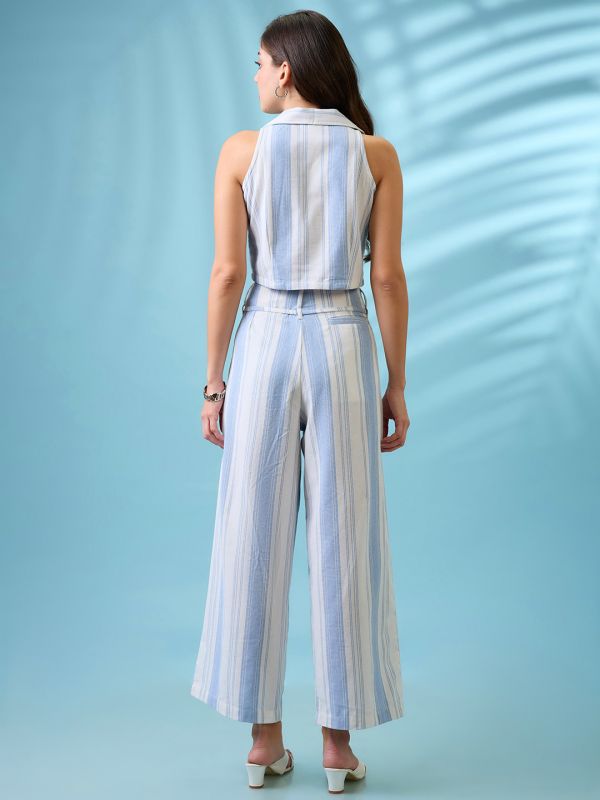 Blue Striped Co-Ord Set with Notched Lapel Crop Shirt & Wide-Leg Trousers – Effortless Smart-Casual Resort Look