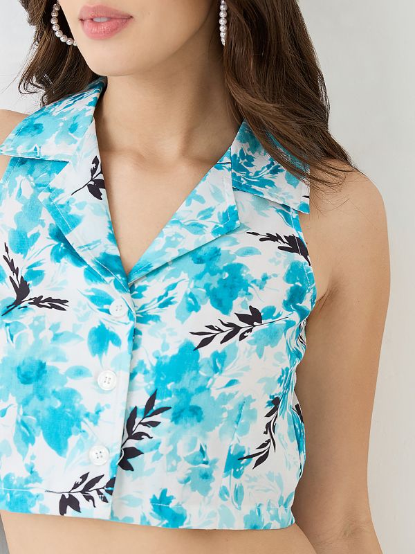 Blue Floral Print Co-Ord Set with Notched Lapel Crop Shirt & Wide-Leg Trousers – Elegant Resort & Brunch Wear Ensemble