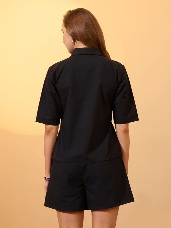 Black Embroidered Resort Co-Ord Set with Notch Lapel Collar Shirt & Matching Mini Shorts – Chic Vacation & Brunch Outfit