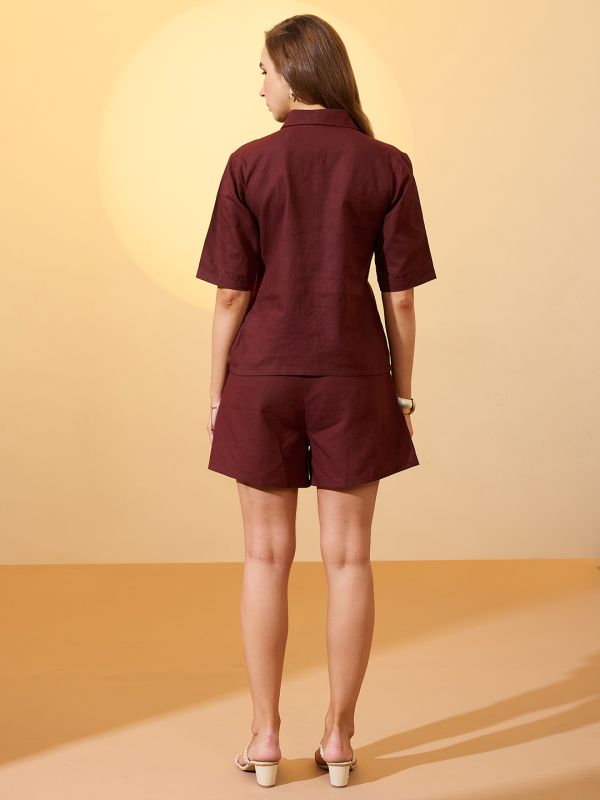 Brown Embroidered Resort Co-Ord Set with Notch Lapel Shirt & Matching Mini Shorts – Perfect for Vacation & Brunch Wear