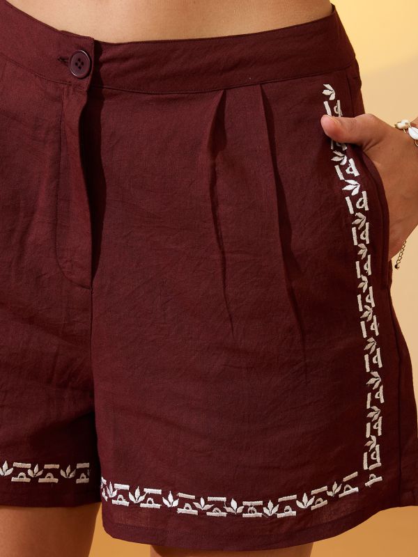 Brown Embroidered Resort Co-Ord Set with Notch Lapel Shirt & Matching Mini Shorts – Perfect for Vacation & Brunch Wear